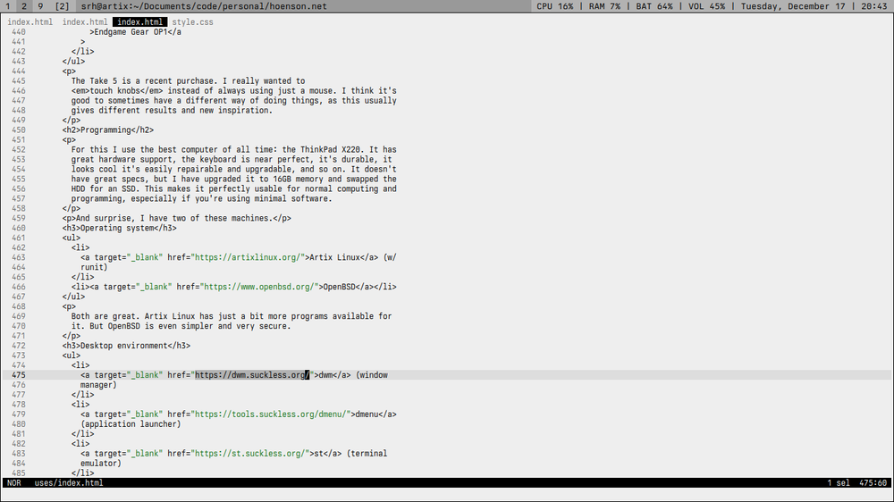 A screenshot of my Artix Linux desktop. It has a gray monochrome theme and it shows an open text editor.